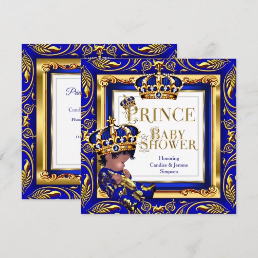 Invitation Royal Prince Baby shower Blue Gold Crown Ethnic (Devant / Derrière)