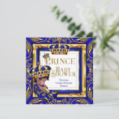 Invitation Royal Prince Baby shower Blue Gold Crown Ethnic (Debout devant)