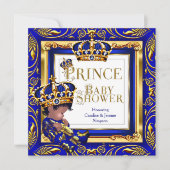 Invitation Royal Prince Baby shower Blue Gold Crown Ethnic (Devant)