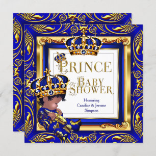 Invitation Royal Prince Baby shower Blue Gold Crown Ethnic