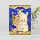 Invitation Royal Prince Baby shower Blue Gold Damask Brunette (Debout devant)