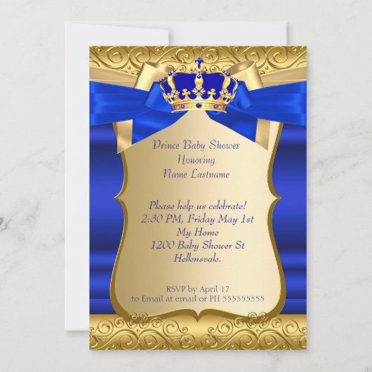 Invitation Royal Prince Baby shower Blue Gold Damask Brunette (Dos)