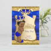 Invitation Royal Prince Baby shower Blue Gold Damask Ethnic (Debout devant)