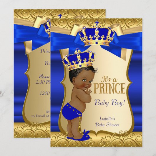 Invitation Royal Prince Baby shower Blue Gold Damask Ethnic (Devant / Derrière)