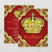 Invitation Royal Prince Baby shower rouge et or (Devant / Derrière)