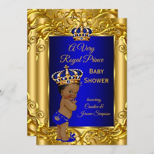 Invitation Royal Prince Baby shower Royal bleu or ethnique (Devant / Derrière)