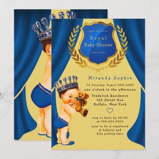 Invitation Royal Prince Blue et Gold Baby shower (Devant / Derrière)