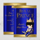 Invitation Royal Prince Boy Baby shower Bleu OR (Devant / Derrière)
