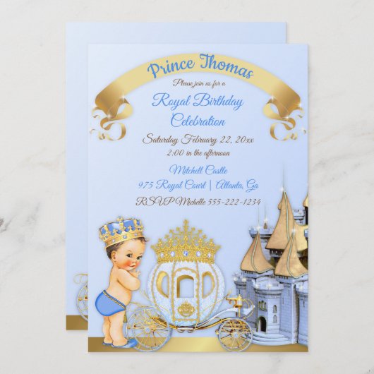 Invitation Royal Prince Castle Carriage Blue Gold Boy (Devant / Derrière)