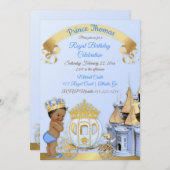 Invitation Royal Prince Castle Carriage Blue Gold Boy (Devant / Derrière)