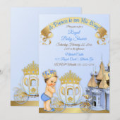 Invitation Royal Prince Castle Carriage Blue Gold Boy (Devant / Derrière)
