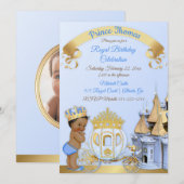 Invitation Royal Prince Castle Carriage Blue Gold Boy Photo (Devant / Derrière)