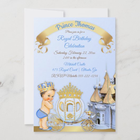 Invitation Royal Prince Castle Carriage Blue Gold Boy Photo (Devant)