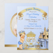 Invitation Royal Prince Castle Carriage Blue Gold Boy Photo (Devant / Derrière)