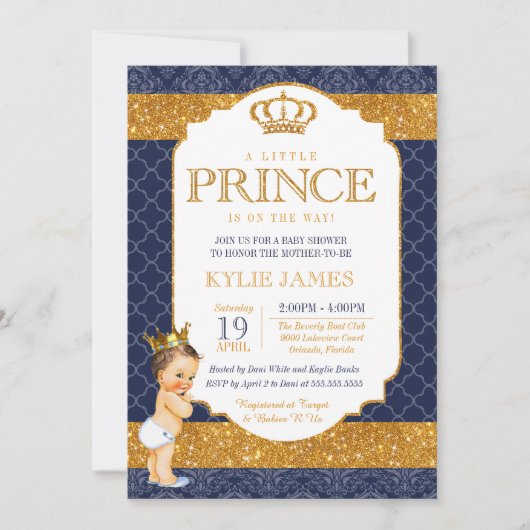 Invitation Royal Prince Navy Blue Gold Baby shower blanc (Devant)