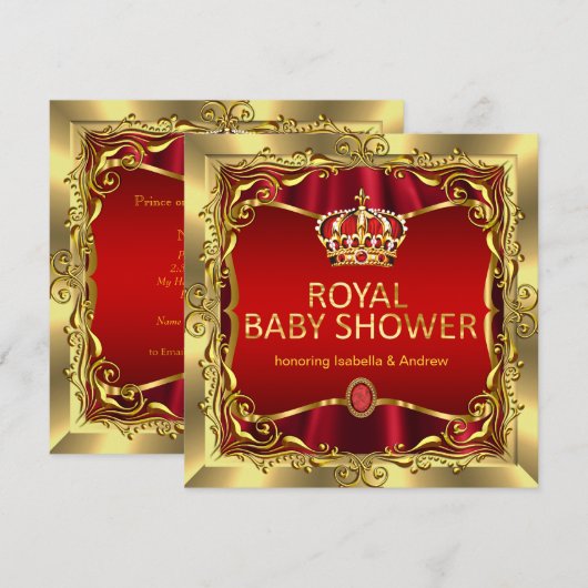 Invitation Royal Prince ou Princesse Baby shower Rouge Or (Devant / Derrière)