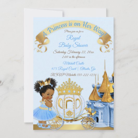 Invitation Royal Princess Castle Carriage Blue Gold Girl (Devant)