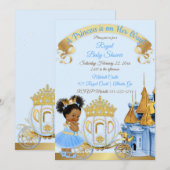 Invitation Royal Princess Castle Carriage Blue Gold Girl (Devant / Derrière)