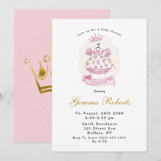 Invitation Royal Princess Pink C'est un Baby shower de fille (Devant / Derrière)