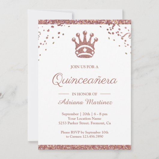 Invitation Royal Princess Rose Gold Parties scintillant Quinc (Devant)