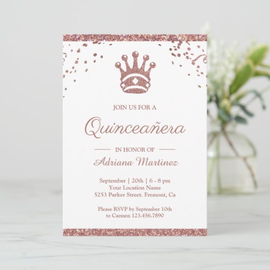 Invitation Royal Princess Rose Gold Parties scintillant Quinc (Debout devant)
