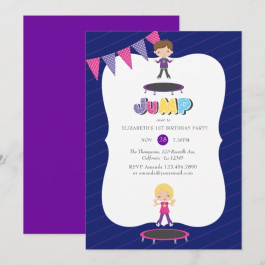 Invitation Royal Purple et Blue Trampoline fête d'anniversair (Devant / Derrière)