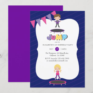 Invitation Royal Purple et Blue Trampoline fête d'anniversair