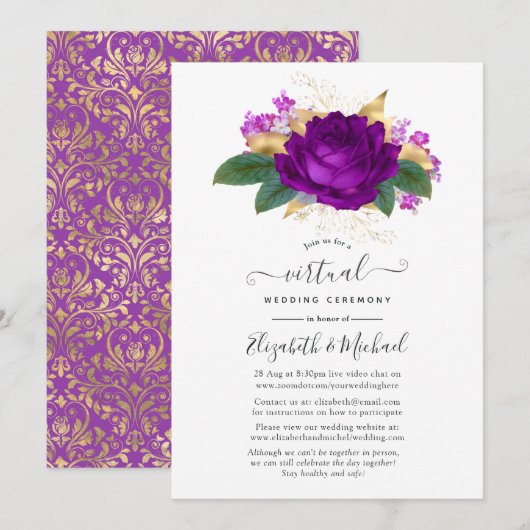 Invitation Royal Purple et Gold Floral Mariage virtuel (Devant / Derrière)