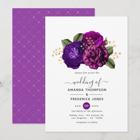 Invitation Royal Purple et Gold FlorMariage (Devant / Derrière)