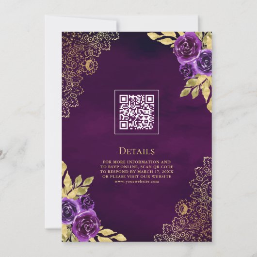 Invitation Royal Purple Floral Lace QR Code Mariage musulman (Dos)