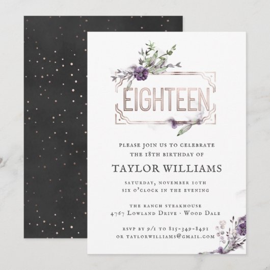 Invitation Royal Purple | Floral Orné Frame à huile Anniversa (Devant / Derrière)