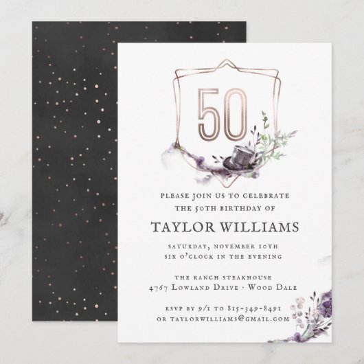 Invitation Royal Purple | Floral Orné Frame à huile Anniversa (Devant / Derrière)