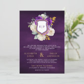 Invitation Royal Purple Floral QR Code Photo Crest Mariage (Debout devant)