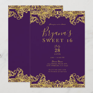 Invitation Royal Purple & Gold Lace Élégante Fête de 16 ans D