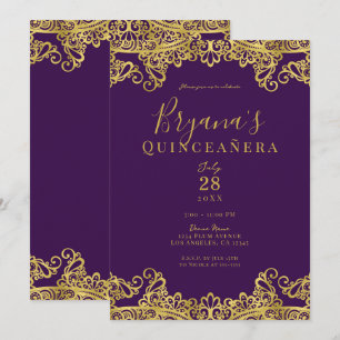 Invitation Royal Purple Gold Lace Élégante Fête de Quinceañer