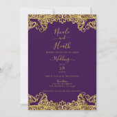 Invitation Royal Purple & Gold Lace Mariage élégant (Devant)