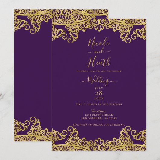 Invitation Royal Purple & Gold Lace Mariage élégant (Devant / Derrière)
