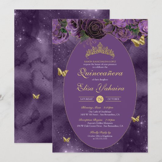 Invitation Royal Purple Gold Luxury Butterfly Quinceanera (Devant / Derrière)