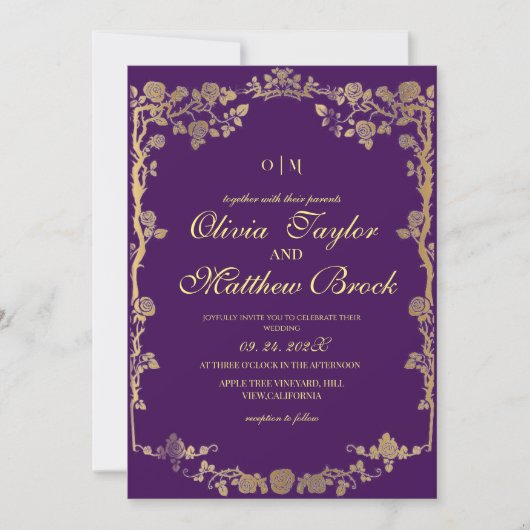 Invitation Royal Purple Gold Ornate Fleurs Le Mariage de (Devant)