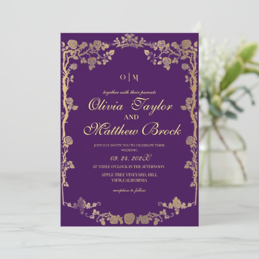 Invitation Royal Purple Gold Ornate Fleurs Le Mariage de (Debout devant)