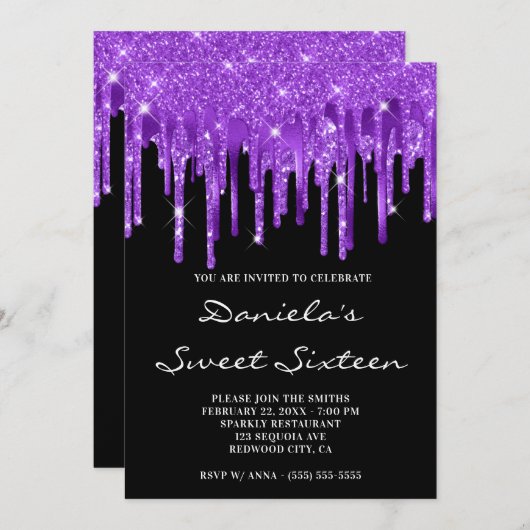 Invitation Royal Purple Parties scintillant Foil Drips Black  (Devant / Derrière)