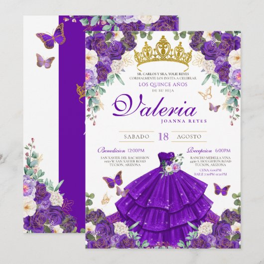 Invitation Royal Purple Rose Butterfly Princess Quinceanera (Devant / Derrière)