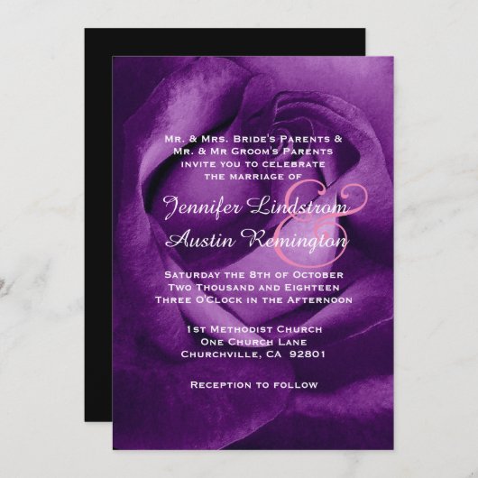 Invitation Royal Purple Rose Mariage V12 (Devant / Derrière)