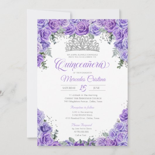 Invitation Royal Purple Roses & Argent Tiara Quinceanera (Devant)