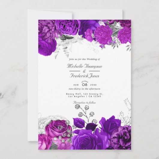 Invitation Royal Purple & Silver Floral Mariage QR Code Rsvp (Devant)