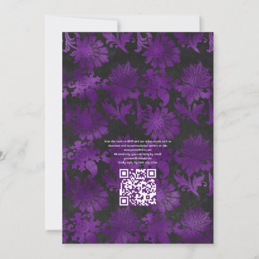 Invitation Royal Purple & Silver Floral Mariage QR Code Rsvp (Dos)
