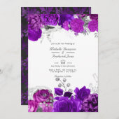 Invitation Royal Purple & Silver Floral Mariage QR Code Rsvp (Devant / Derrière)