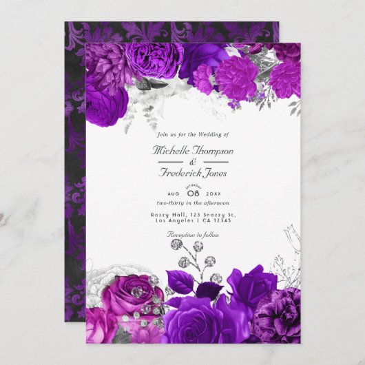 Invitation Royal Purple & Silver Floral Mariage QR Code Rsvp (Devant / Derrière)