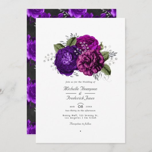 Invitation Royal Purple & Silver Floral QR Code RSVP Mariage (Devant / Derrière)