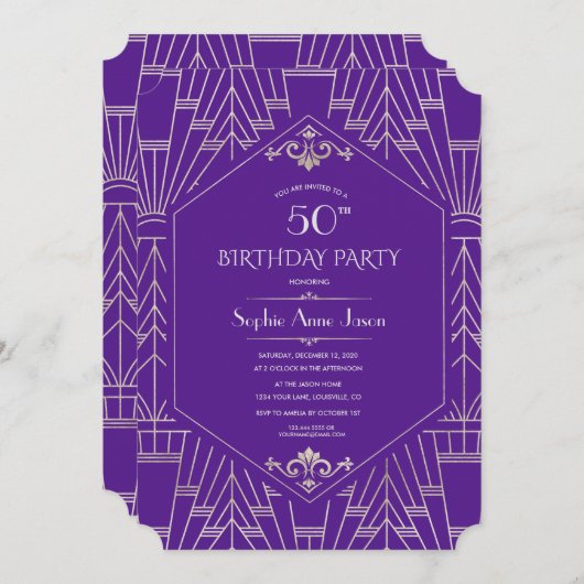 Invitation Royal Purple Silver Great Gatsby fête d'anniversai (Devant / Derrière)